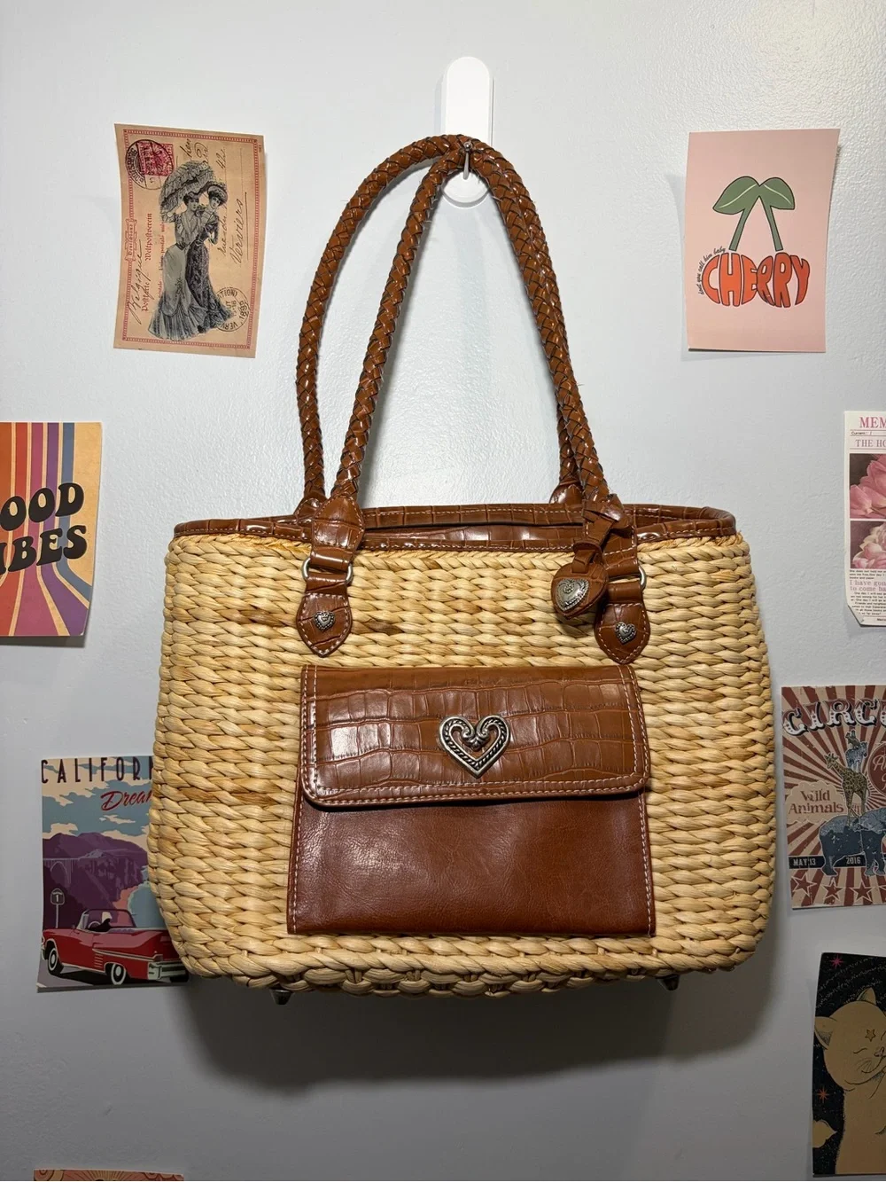 Woven Straw Tote with Brown Leather Trim and Heart Accent - Picture 1 of 5